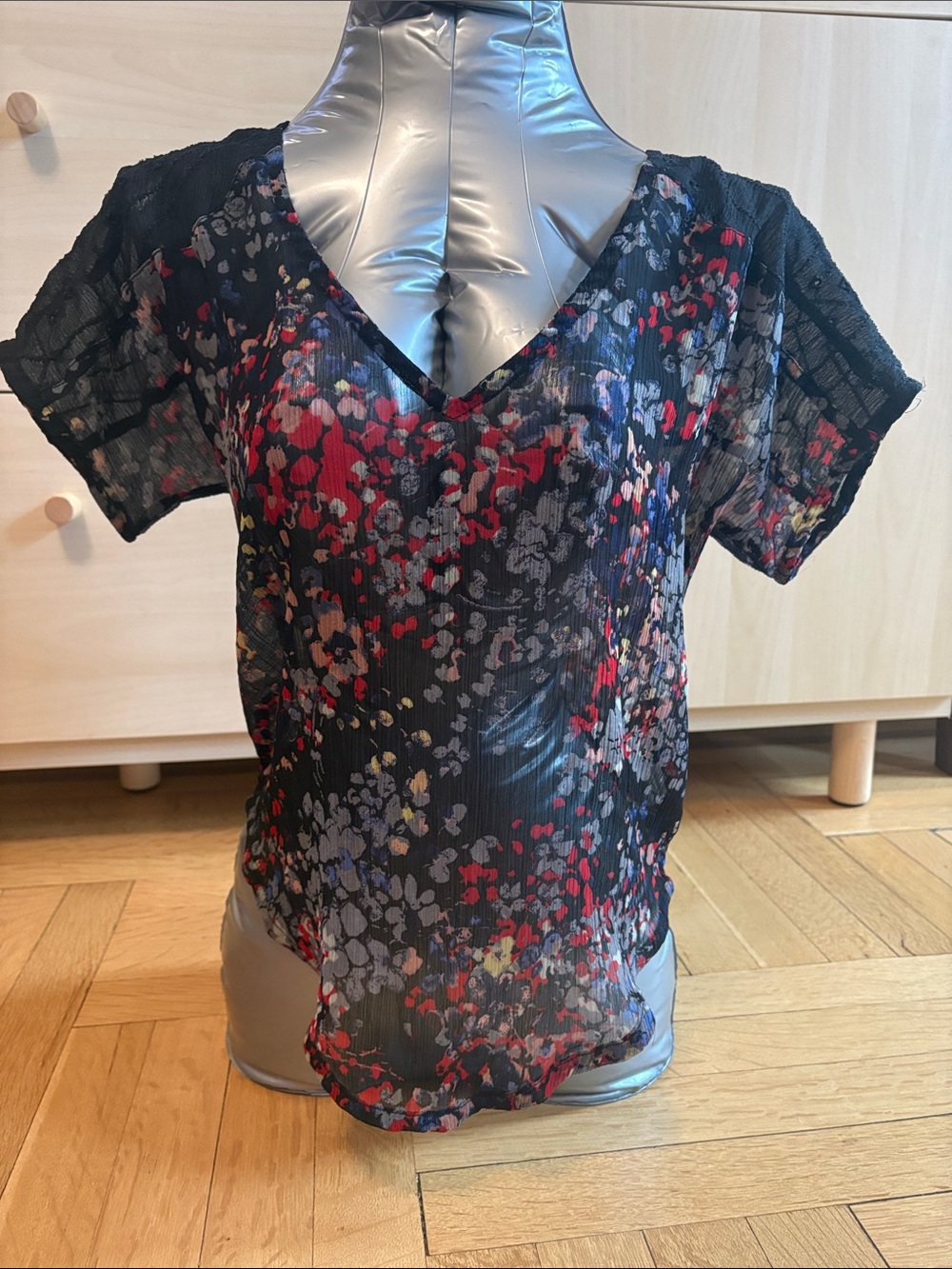 Sheer V-Neck Floral Blouse in Black, Red, Blue, and Gray